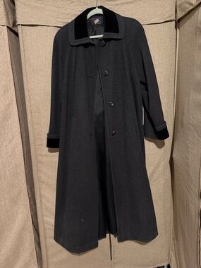 Black Long Wool Trench Coat with Velvet Trim - Women's